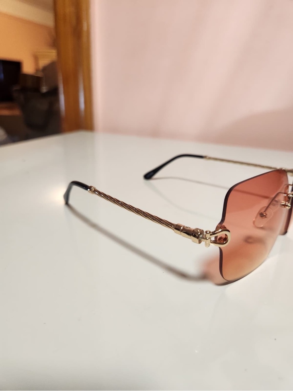Unisex Geometric Rimless Sunglasses Pink Tinted Lenses Gold Metal Frame w/ Case